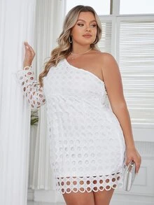 Eilly Bazar Plus One Shoulder Guipure Lace Dress - White - View 4