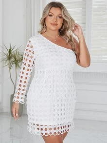 Eilly Bazar Plus One Shoulder Guipure Lace Dress - White - View 5