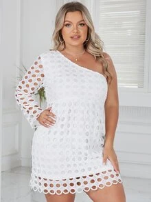 Eilly Bazar Plus One Shoulder Guipure Lace Dress - White - View 6