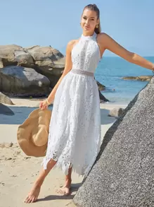 Eilly Bazar Guipure Lace Halter Neck Dress - White - View 1