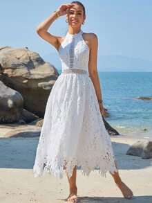 Eilly Bazar Guipure Lace Halter Neck Dress - White - View 3
