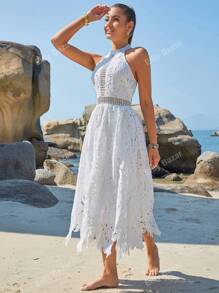 Eilly Bazar Guipure Lace Halter Neck Dress