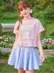 ROMWE Kawaii 卡通圖案荷葉邊T恤 - 淺粉色 - 查看 1