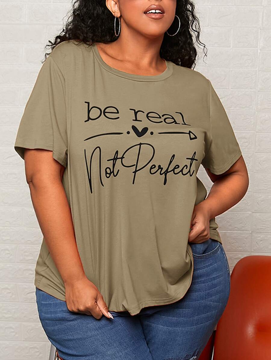 SHEIN CURVE+ Plus Slogan Graphic Tee - Army Green - View 1