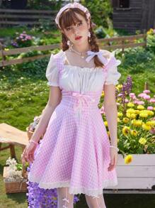 ROMWE Kawaii 二合一格子圖案前繫帶連衣裙 - 粉色 - 查看 1