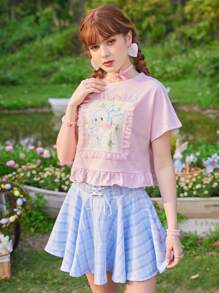 ROMWE Kawaii 卡通圖案荷葉邊T恤 - 淺粉色 - 查看 4