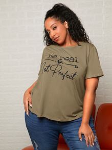 SHEIN CURVE+ Plus Slogan Graphic Tee - Army Green - View 3