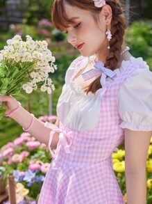 ROMWE Kawaii 二合一格子圖案前繫帶連衣裙 - 粉色 - 查看 3