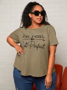 SHEIN CURVE+ Plus Slogan Graphic Tee - Army Green - View 6