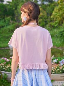 ROMWE Kawaii 卡通圖案荷葉邊T恤 - 淺粉色 - 查看 6