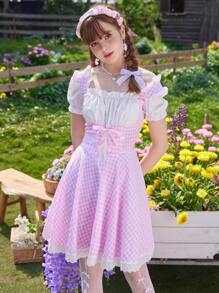 ROMWE Kawaii 二合一格子圖案前繫帶連衣裙 - 粉色 - 查看 4