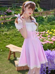 ROMWE Kawaii 二合一格子圖案前繫帶連衣裙 - 粉色 - 查看 5