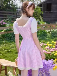 ROMWE Kawaii 二合一格子圖案前繫帶連衣裙 - 粉色 - 查看 6