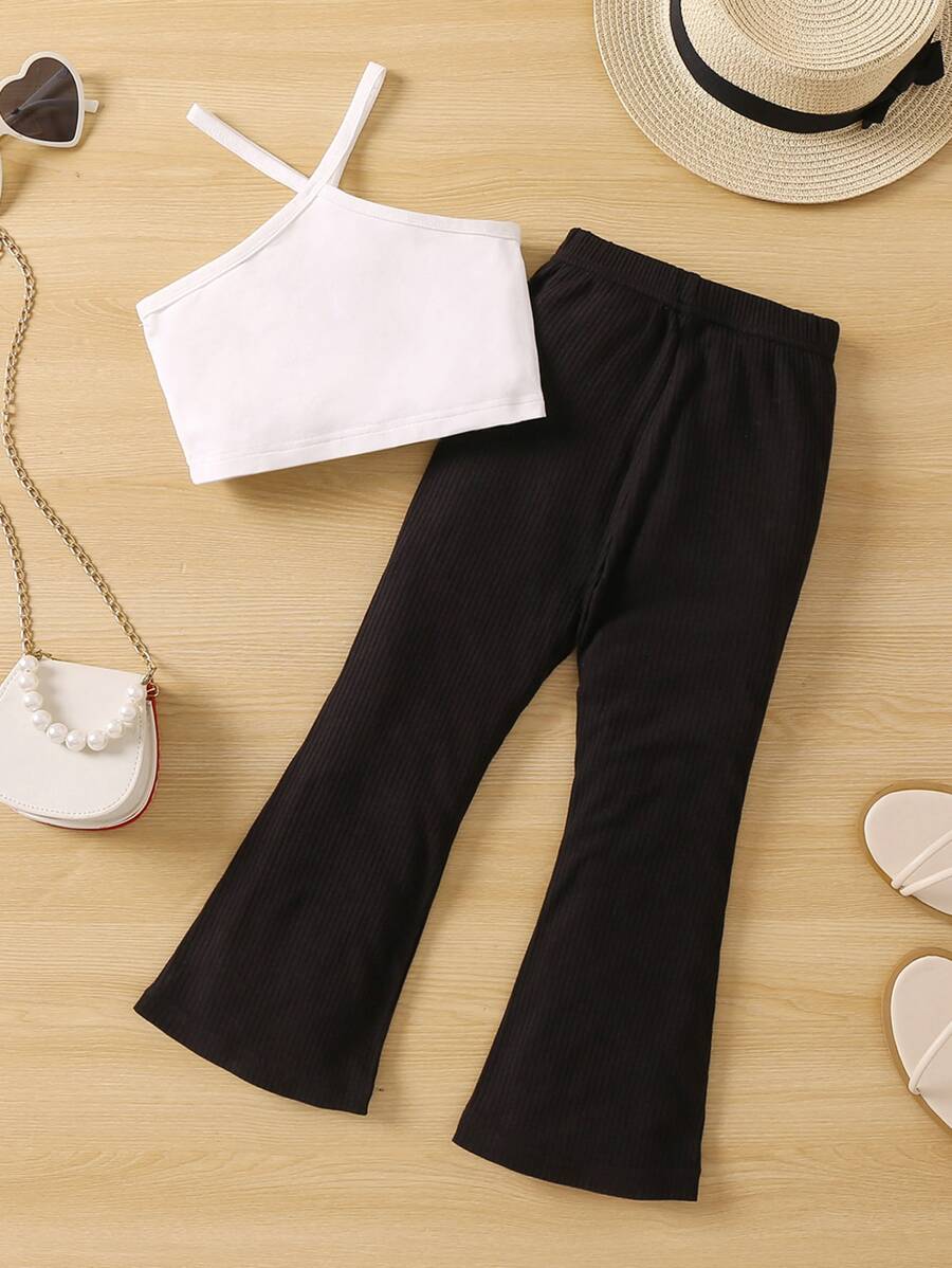 SHEIN Cô Gái Trẻ Đen & Trắng Khối màu Giải trí Halterneck Bộ quần đùi & áo sơ mi Cho mùa hè - Đen và trắng - Xem 1