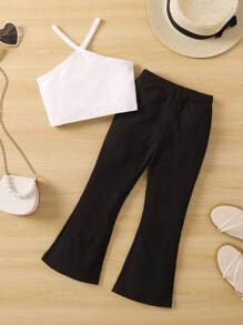 SHEIN Cô Gái Trẻ Đen & Trắng Khối màu Giải trí Halterneck Bộ quần đùi & áo sơ mi Cho mùa hè - Đen và trắng - Xem 2