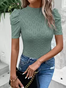 SHEIN LUNE 網眼刺繡泡泡袖T恤 - 薄荷綠 - 查看 4