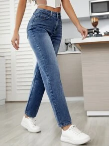 SHEIN Essnce High Waist Straight Leg Jeans - Dark Wash - View 3