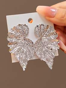 樹葉設計耳釘 - 銀色 - 查看 1