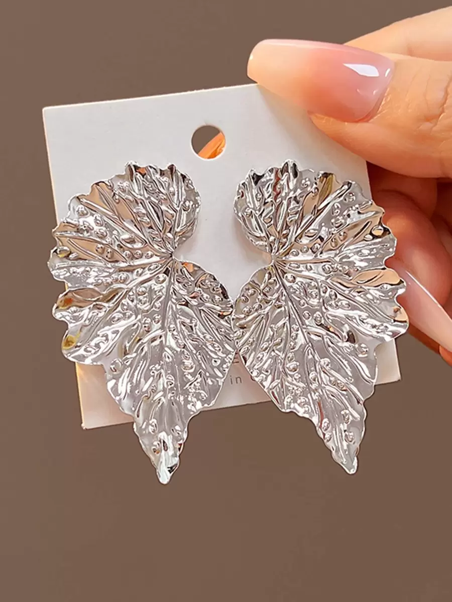 樹葉設計耳釘 - 銀色 - 查看 1