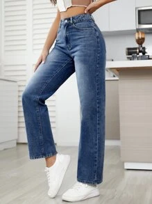 SHEIN Essnce High Waist Straight Leg Jeans - Dark Wash - View 4