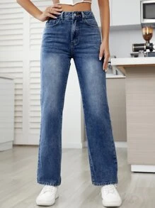 SHEIN Essnce High Waist Straight Leg Jeans - Dark Wash - View 1
