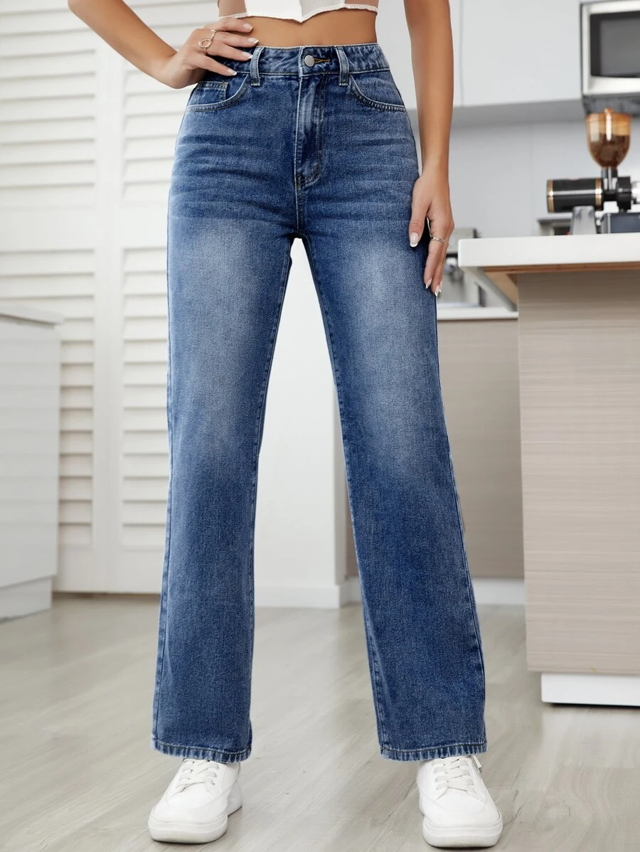 SHEIN Essnce High Waist Straight Leg Jeans - Dark Wash - View 1