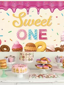 1入組180*110cm一歲生日甜甜圈主題聚酯布橫幅，印有「生日快樂」字樣，室內生日派對的完美裝飾背景布 - 彩色 - 查看 1