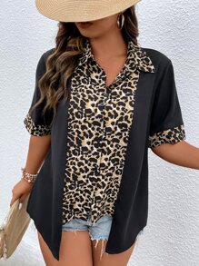 SHEIN LUNE Áo sơ mi Plus Size Nút phía trước In hoa Báo Giải trí - màu đen - Xem 1