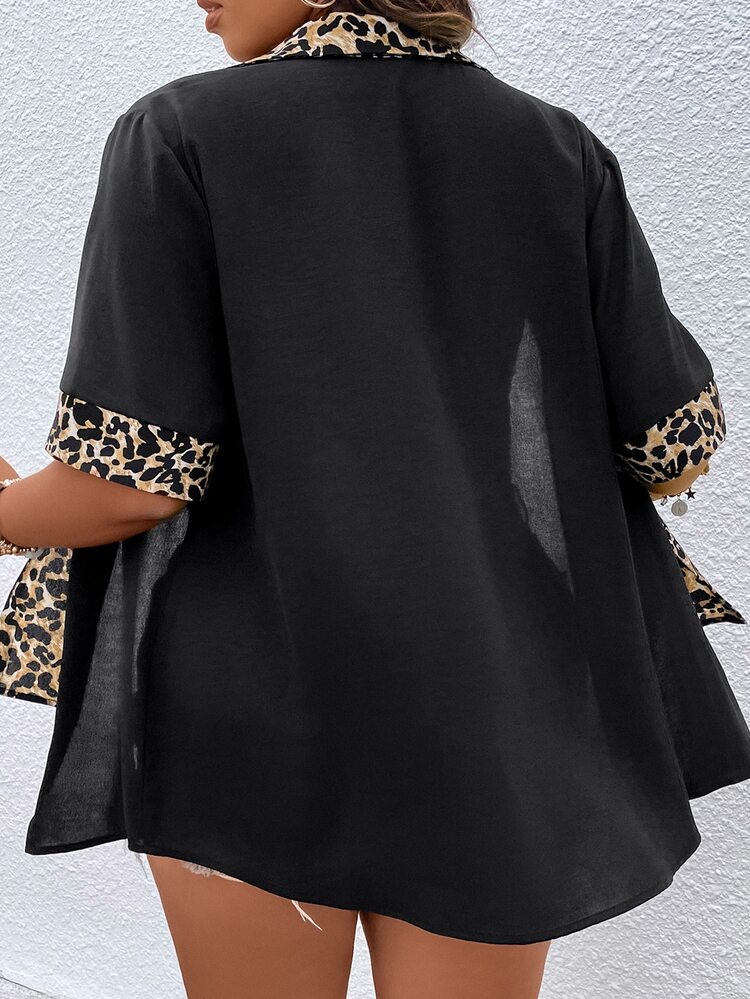SHEIN LUNE Áo sơ mi Plus Size Nút phía trước In hoa Báo Giải trí - màu đen - Xem 2