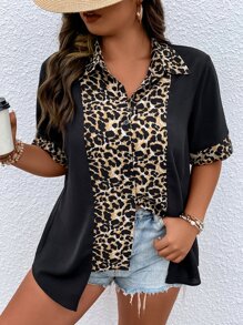 SHEIN LUNE Áo sơ mi Plus Size Nút phía trước In hoa Báo Giải trí - màu đen - Xem 4