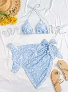 Ditsy Floral Halter Triangle Summer Beach Bikini Set With Beach Skirt - Blue and White - View 1