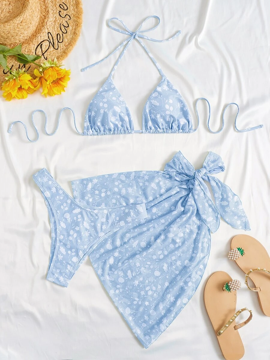 Ditsy Floral Halter Triangle Summer Beach Bikini Set With Beach Skirt - Blue and White - View 1
