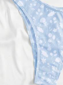 Ditsy Floral Halter Triangle Summer Beach Bikini Set With Beach Skirt - Blue and White - View 3