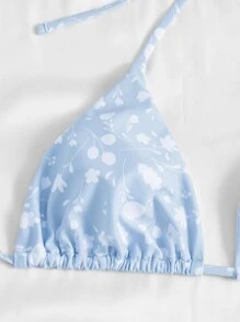 Ditsy Floral Halter Triangle Summer Beach Bikini Set With Beach Skirt - Blue and White - View 4