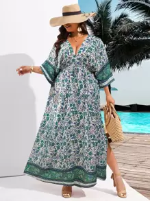 SHEIN Holidaya Plus All Over Floral Print Batwing Sleeve Split Thigh Dress - Multicolor - View 1