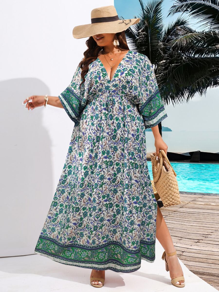 SHEIN Holidaya Plus All Over Floral Print Batwing Sleeve Split Thigh Dress - Multicolor - View 1