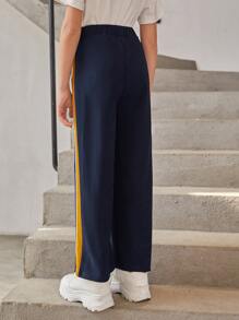 SHEIN Girls Letter Patched Contrast Side Seam Joggers - Navy Blue - View 2