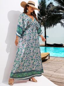 SHEIN Holidaya Plus All Over Floral Print Batwing Sleeve Split Thigh Dress - Multicolor - View 3