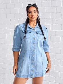 SHEIN Essnce 大碼翻蓋口袋前紐扣牛仔裙 - 淺色水洗藍 - 查看 2