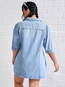 SHEIN Essnce 大碼翻蓋口袋前紐扣牛仔裙 - 淺色水洗藍 - 查看 3