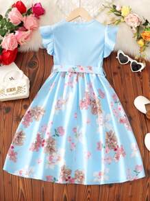 女孩印花荷葉邊繫腰帶連衣裙 - 淺藍色 - 查看 2