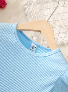 女孩印花荷葉邊繫腰帶連衣裙 - 淺藍色 - 查看 5