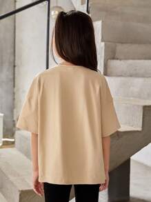 SHEIN 少女鬆身針織拼色休閒掉肩t恤,帶字母印花圖案 - 卡其色 - 查看 6