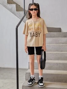 SHEIN 少女鬆身針織拼色休閒掉肩t恤,帶字母印花圖案 - 卡其色 - 查看 4