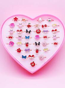 36入禮盒裝合金多款花色開口戒指,女性鑽石彩油滴戒指套裝 - 彩色 - 查看 1