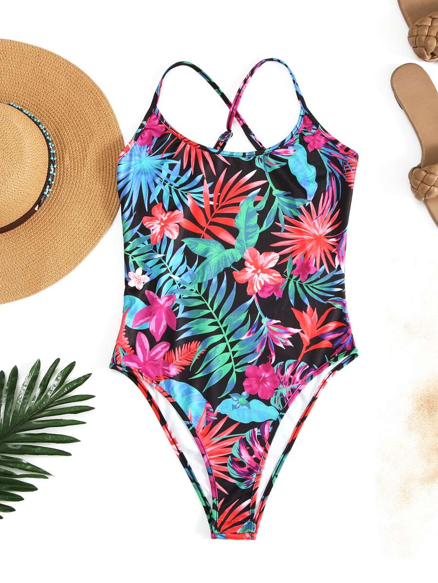 SHEIN WYWH 熱帶圖案繞頸露背連體衣