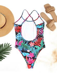 SHEIN WYWH 熱帶圖案繞頸露背連體衣