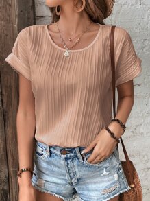 SHEIN Frenchy Áo sơ mi nữ Gân đan màu trơn Giải trí - Màu Khaki - Xem 4