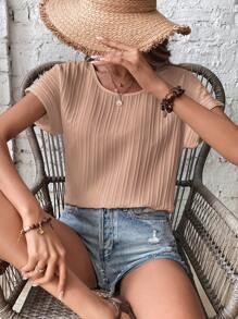 SHEIN Frenchy Áo sơ mi nữ Gân đan màu trơn Giải trí - Màu Khaki - Xem 5