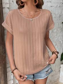 SHEIN Frenchy Áo sơ mi nữ Gân đan màu trơn Giải trí - Màu Khaki - Xem 7